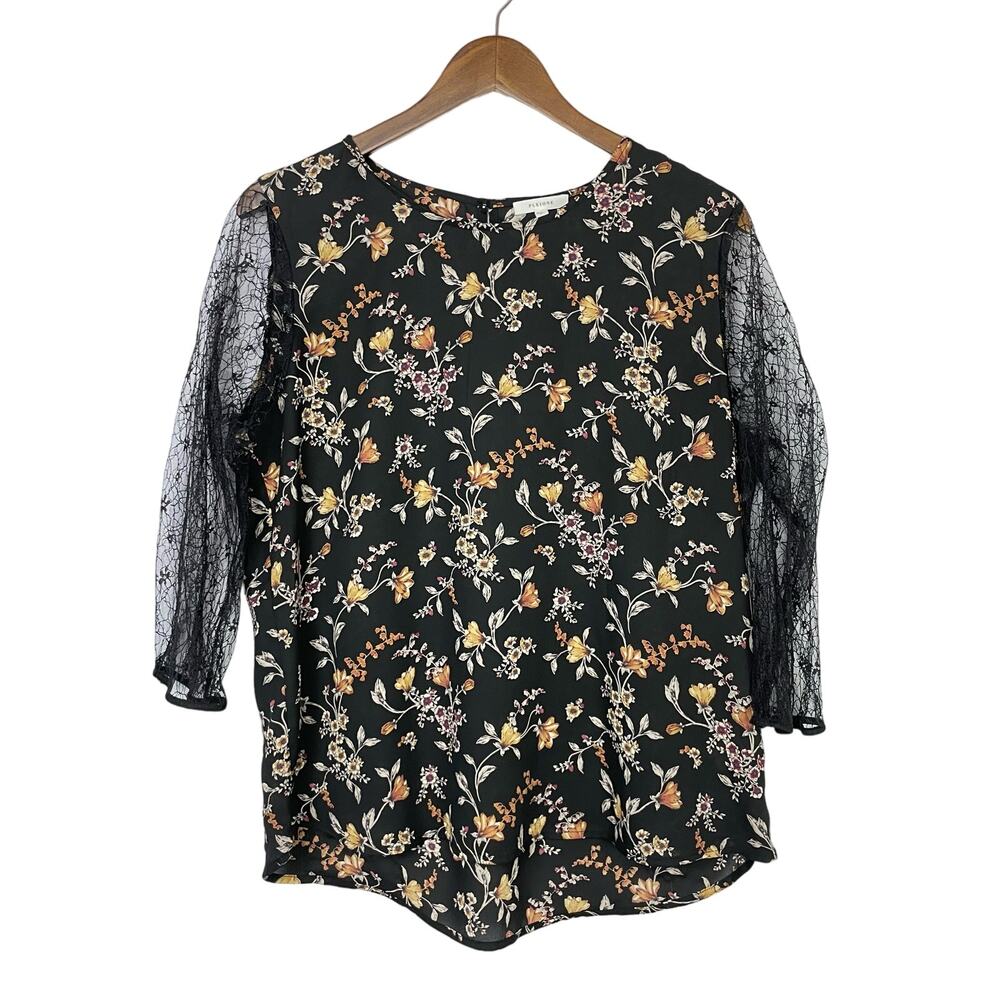 Pleione | Black Floral 3/4 Sheer Lace Sleeve High Neck Relaxed Fit Blouse